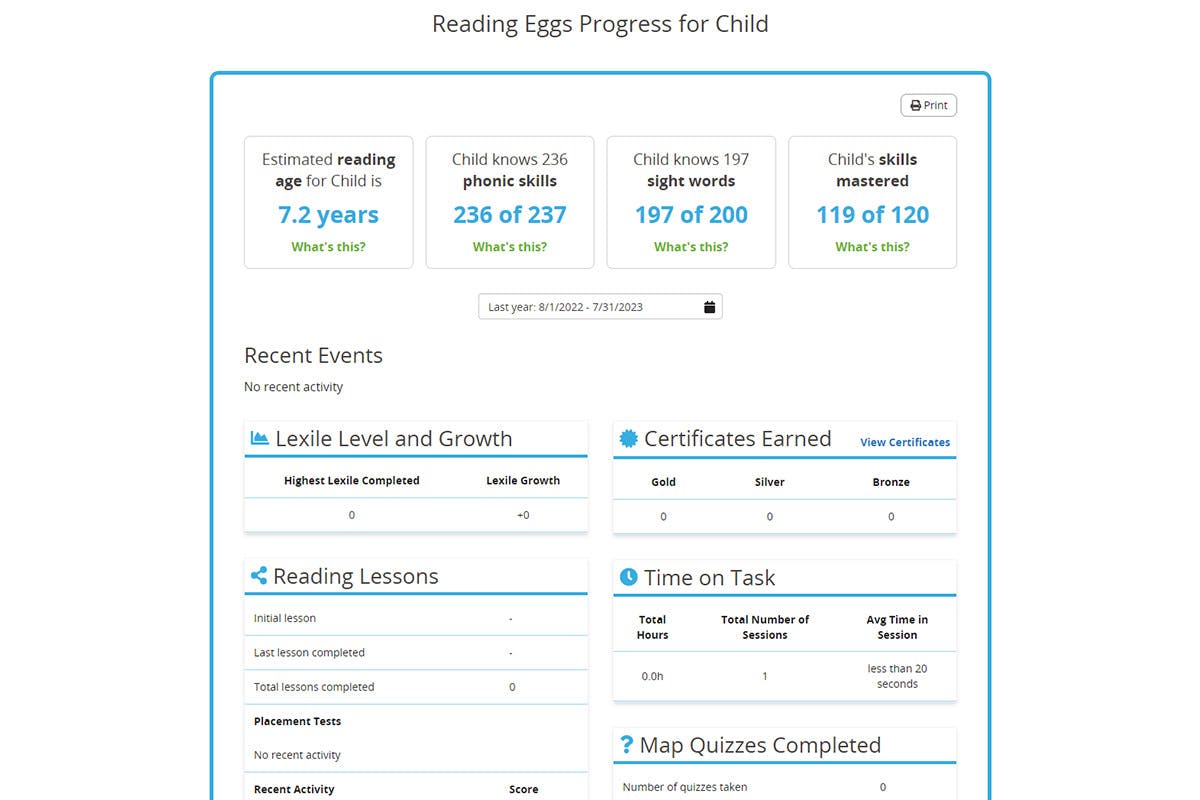 Reading Eggs progress report for parents and homeschoolers