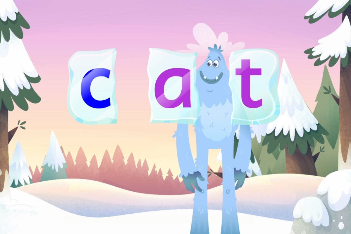 Screenshot from Fast Phonics teaching children the phonemes in /c/a/t/.