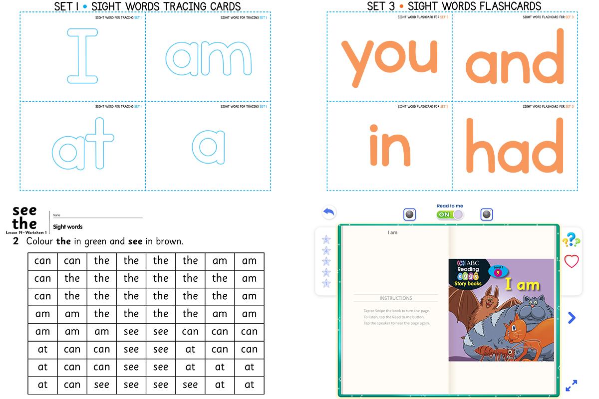 printable sight word activity worksheets and online books in Reading Eggs