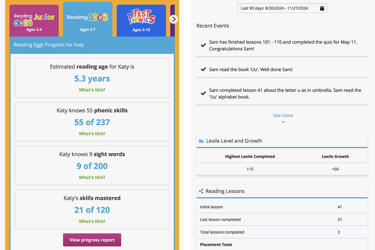 Screenshot of the detailed progress tracking available in Reading Eggs