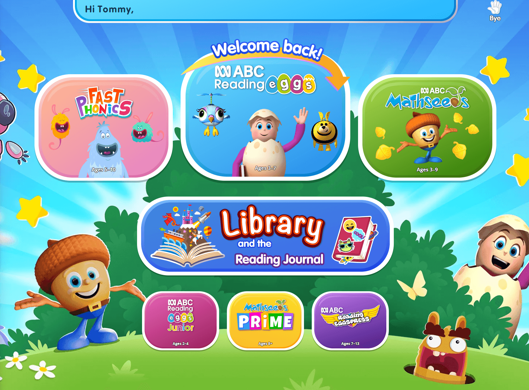 Reading Eggs program selection screen showing available reading and maths programs and the Library
