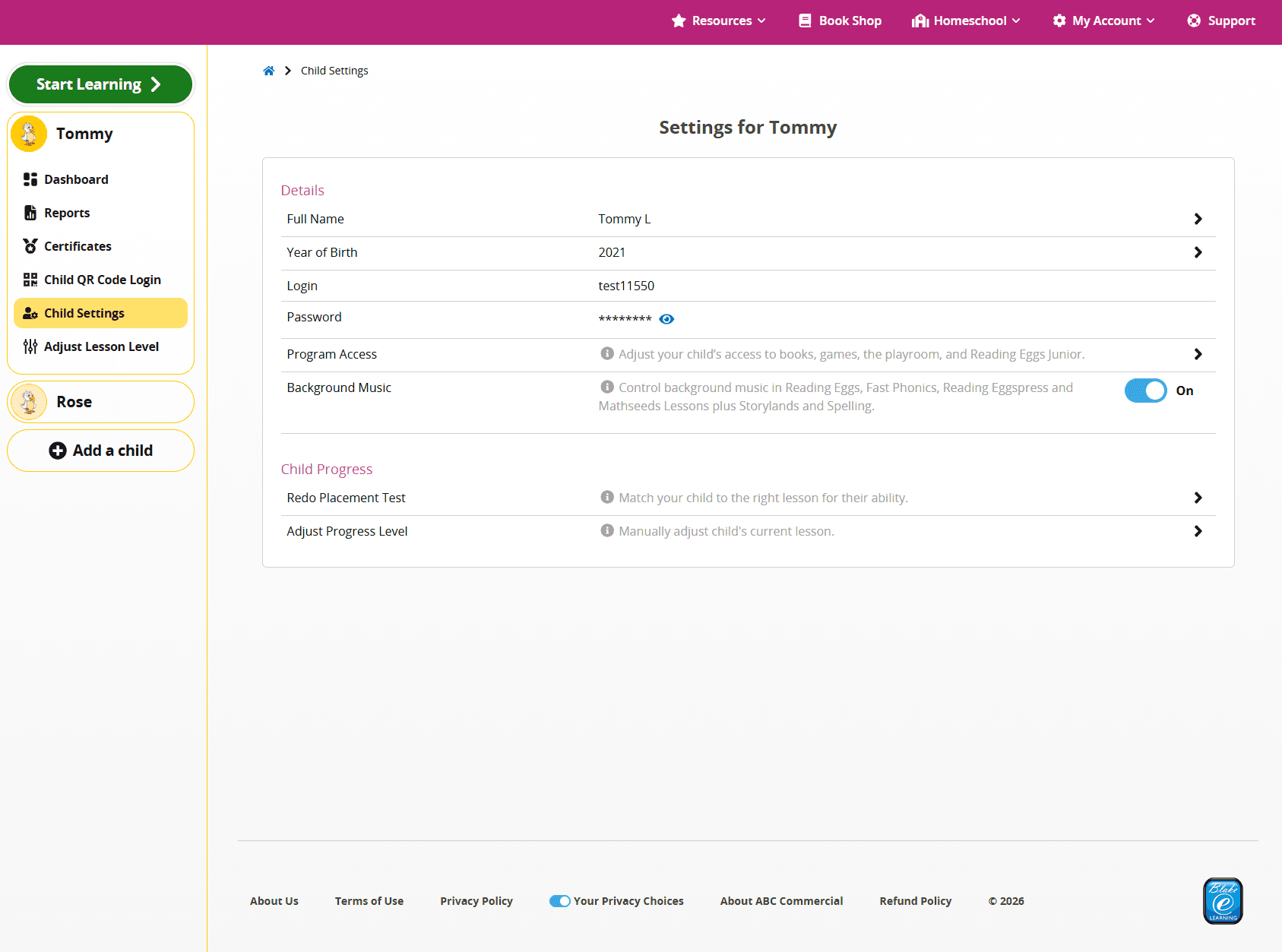 Screenshot of the Reading Eggs Family Dashboard. Each child's profile has a login and their access settings can be customised.