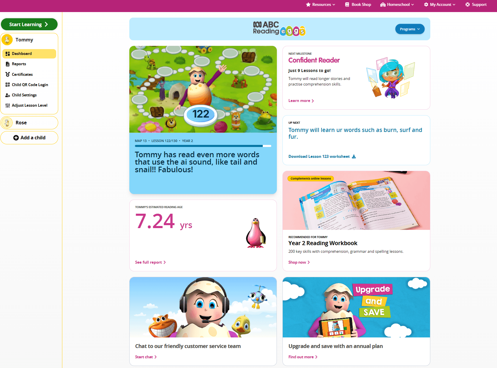 examples of the progress reports in the Reading Eggs Family Dashboard