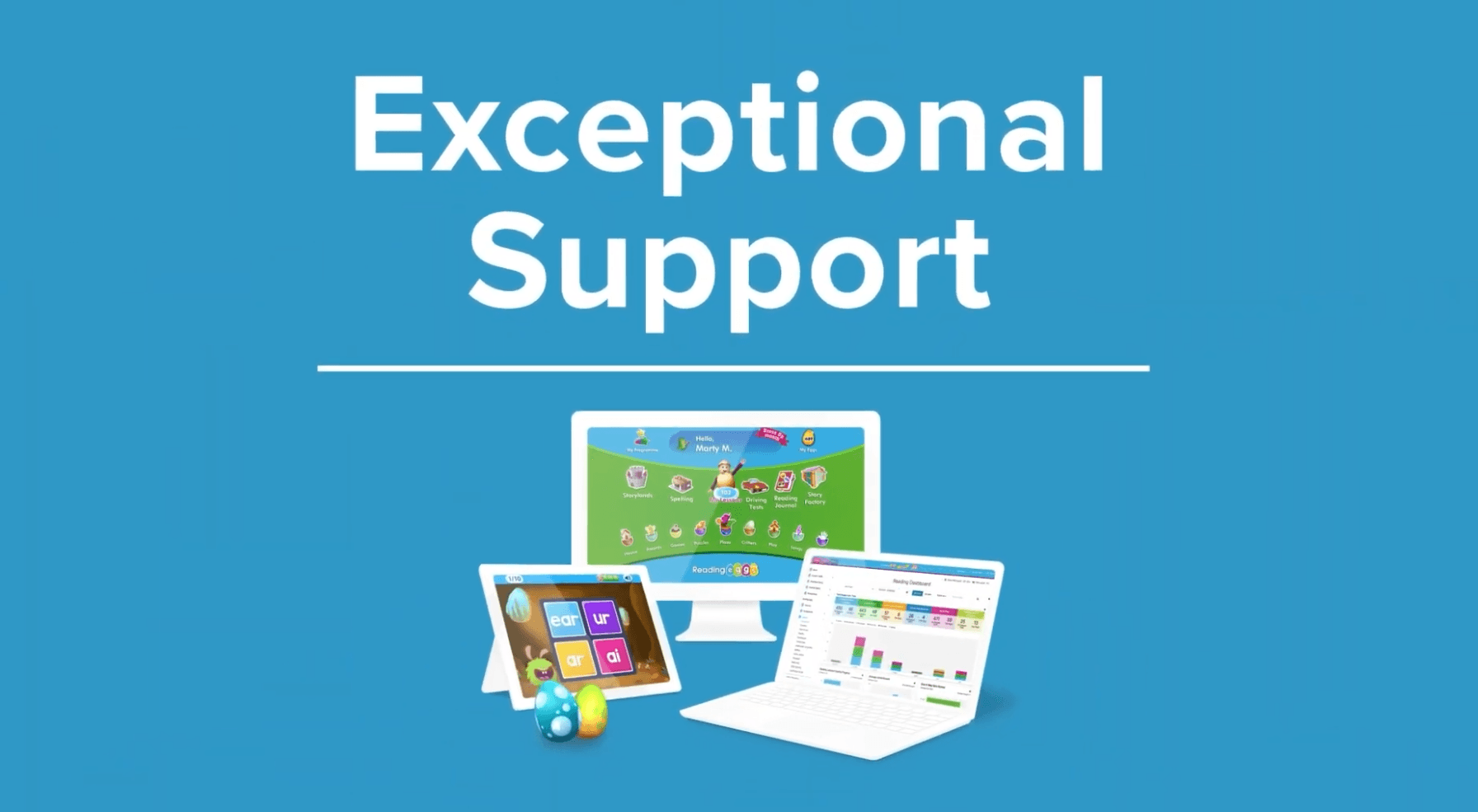 Reading Eggs shown on desktop, tablet, and laptop, reflecting the program's exceptional support for teachers and schools
