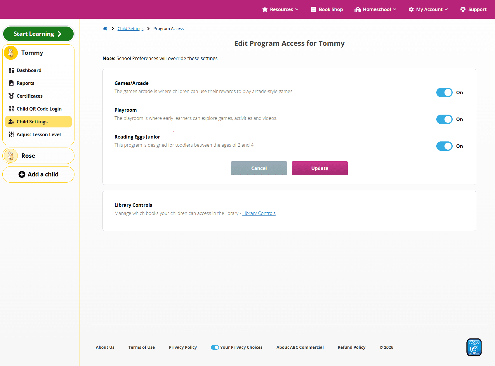 Reading Eggs Family Dashboard showing Program Access settings for Games/Arcade, Playroom and Reading Eggs Junior.
