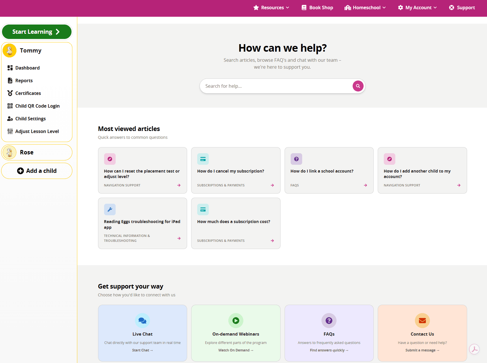 Reading Eggs Family Dashboard showing support options including help articles, Live Chat, webinars, FAQs and Contact Us.