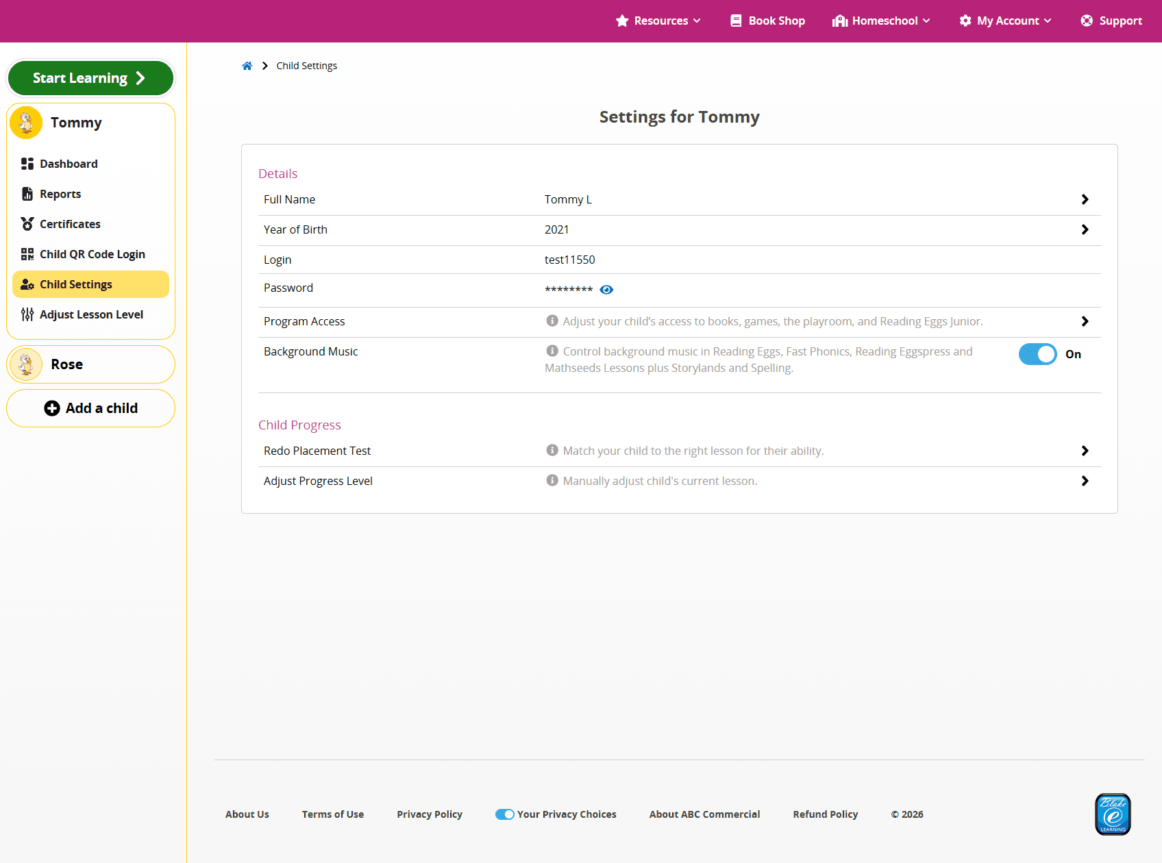 screenshot of the parental controls in the Reading Eggs Family Dashboard